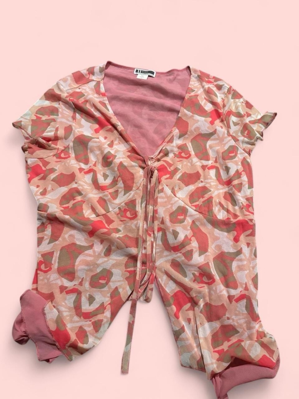 Studio Coral Pink Abstract Print Tie-Front Top